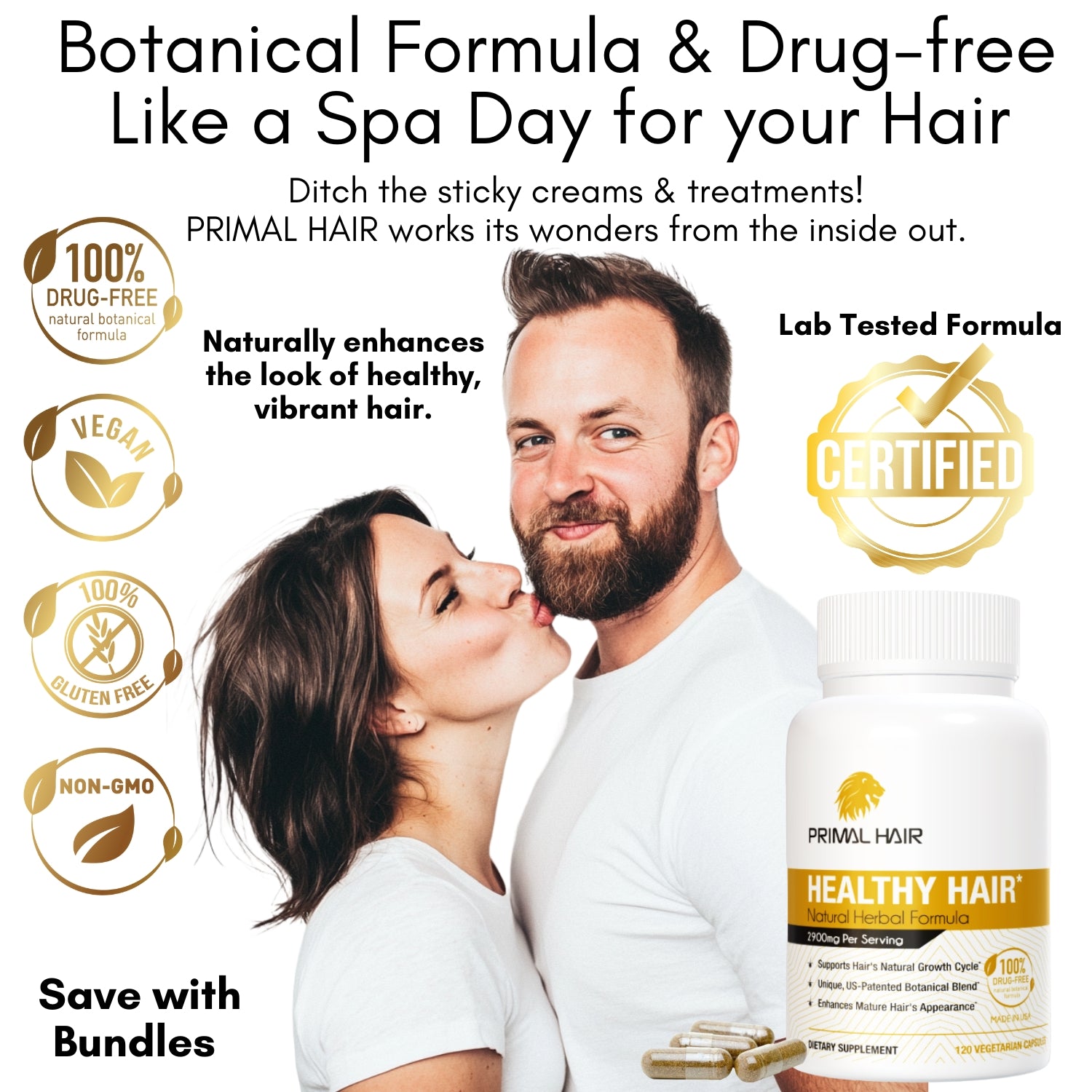 PRIMAL HAIR (6-Bottle Bundle) - 100% Natural Herbal Formula - US Patented